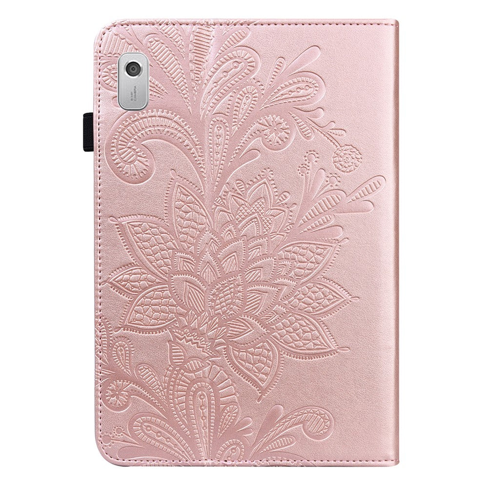For Lenovo Tab M9 Flower Imprinting Tablet Cover PU Leather Stand Wallet Protective Case - Rose Gold