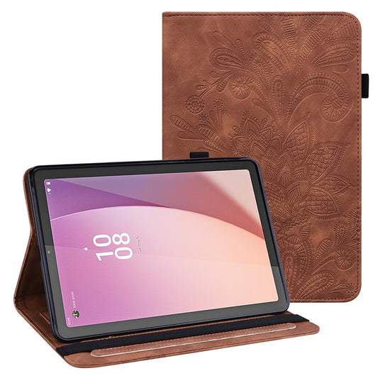 For Lenovo Tab M9 Flower Imprinting Tablet Cover PU Leather Stand Wallet Protective Case - Brown