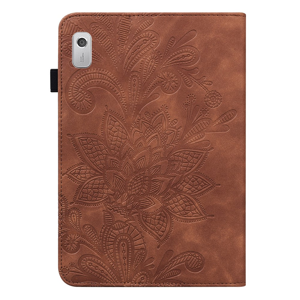 For Lenovo Tab M9 Flower Imprinting Tablet Cover PU Leather Stand Wallet Protective Case - Brown