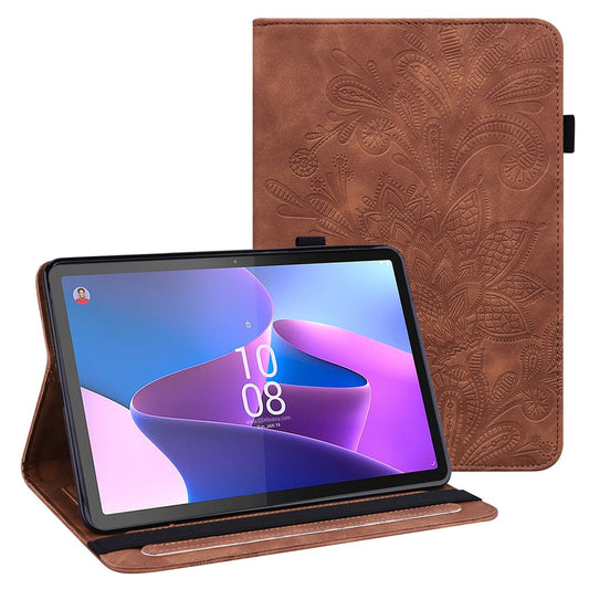 For Lenovo Tab P11 Pro Gen 2 Flower Imprinting PU Leather Tablet Case Drop-proof Wallet Stand Cover - Brown