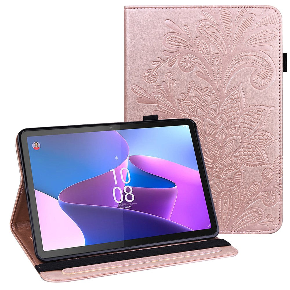 For Lenovo Tab P11 Gen 2 Flower Imprinting Drop-proof Tablet Cover PU Leather Wallet Case with Stand - Rose Gold