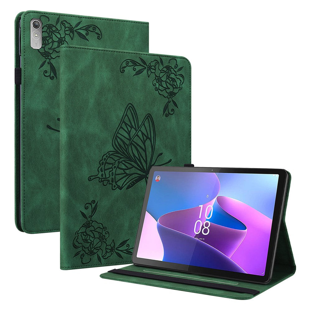 For Lenovo Tab P11 Gen 2 Shockproof Case Butterfly Flower Imprinted Leather Cover with Card Slot - Green
