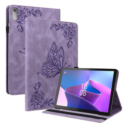 For Lenovo Tab P11 Gen 2 Shockproof Case Butterfly Flower Imprinted Leather Cover with Card Slot - Purple