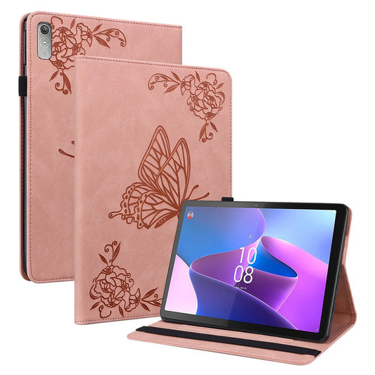 For Lenovo Tab P11 Gen 2 Shockproof Case Butterfly Flower Imprinted Leather Cover with Card Slot - Pink
