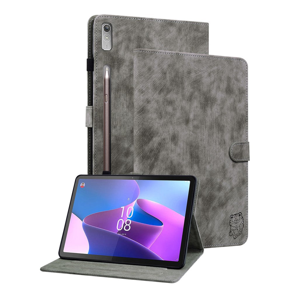 Shockproof Case for Lenovo Tab P11 Pro Gen 2 PU Leather Stand Case Cute Tiger Pattern Flip Cover with Card Holder - Grey