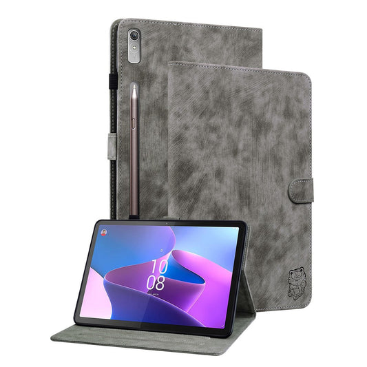Shockproof Case for Lenovo Tab P11 Pro Gen 2 PU Leather Stand Case Cute Tiger Pattern Flip Cover with Card Holder - Grey