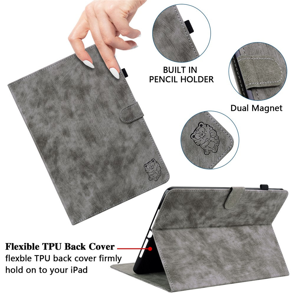 Shockproof Case for Lenovo Tab P11 Pro Gen 2 PU Leather Stand Case Cute Tiger Pattern Flip Cover with Card Holder - Grey