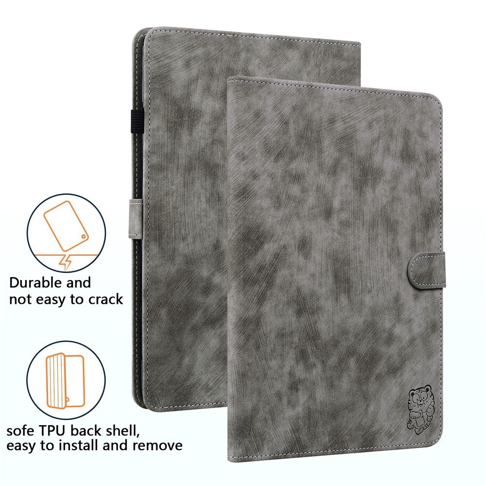 Shockproof Case for Lenovo Tab P11 Pro Gen 2 PU Leather Stand Case Cute Tiger Pattern Flip Cover with Card Holder - Grey