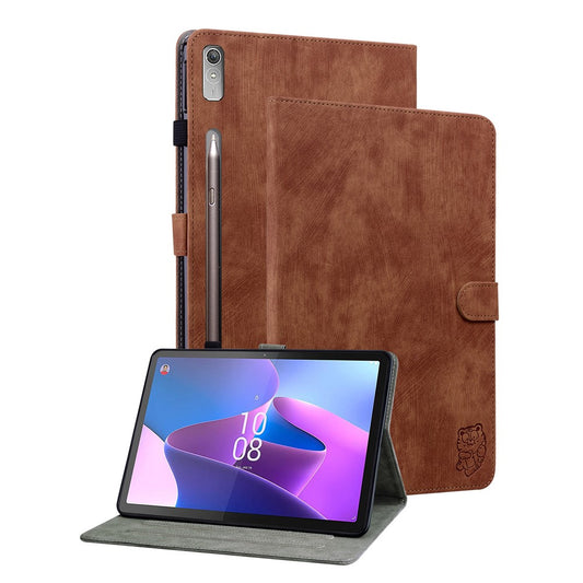 Shockproof Case for Lenovo Tab P11 Pro Gen 2 PU Leather Stand Case Cute Tiger Pattern Flip Cover with Card Holder - Brown