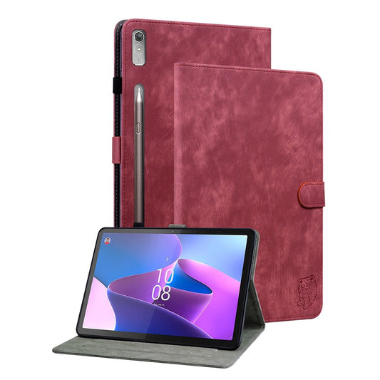 Shockproof Case for Lenovo Tab P11 Pro Gen 2 PU Leather Stand Case Cute Tiger Pattern Flip Cover with Card Holder - Red