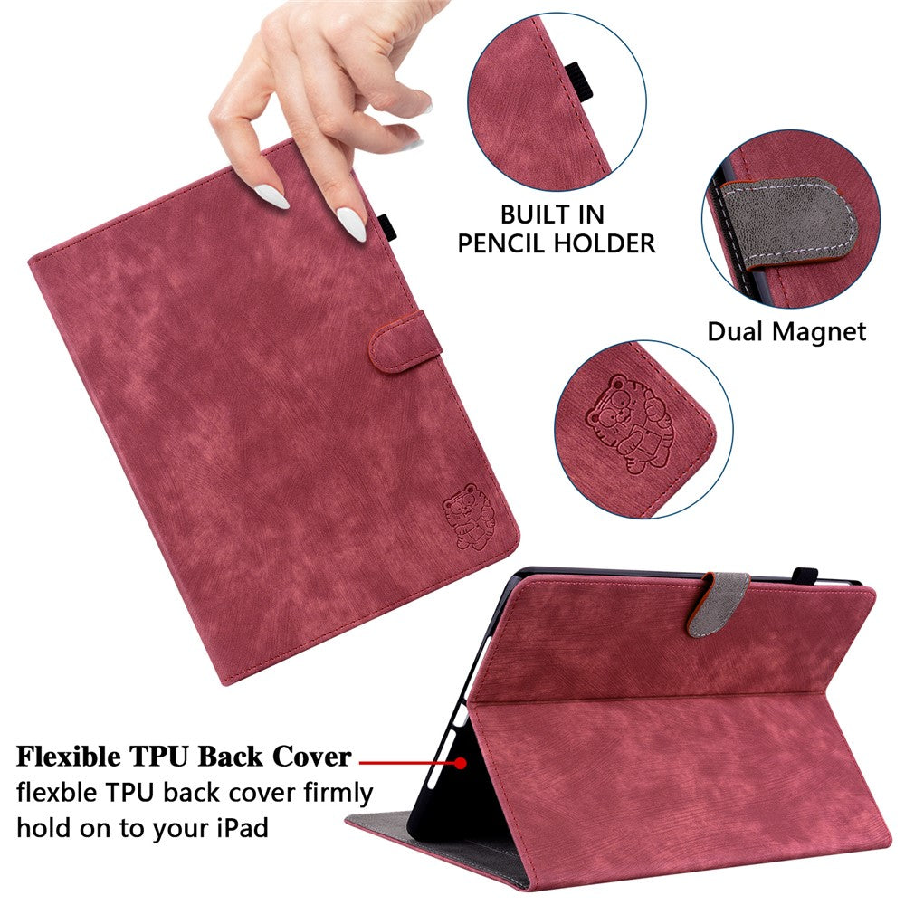 Shockproof Case for Lenovo Tab P11 Pro Gen 2 PU Leather Stand Case Cute Tiger Pattern Flip Cover with Card Holder - Red