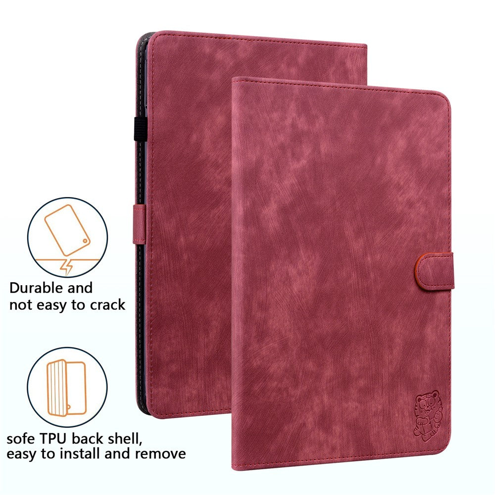 Shockproof Case for Lenovo Tab P11 Pro Gen 2 PU Leather Stand Case Cute Tiger Pattern Flip Cover with Card Holder - Red