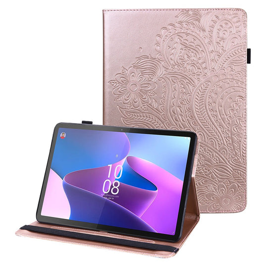 For Lenovo Tab P11 Gen 2 Flower Imprinting Tablet Shell PU Leather Card Holder Drop-proof Stand Case - Rose Gold