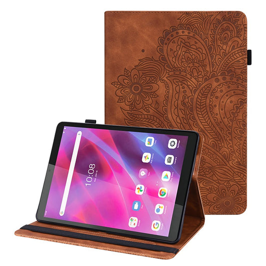 For Lenovo Tab M8 (4th Gen) 2024 TB-301XU / M8 (4th Gen) 2023 TB-300FU Flower Imprinting PU Leather Stand Case - Brown