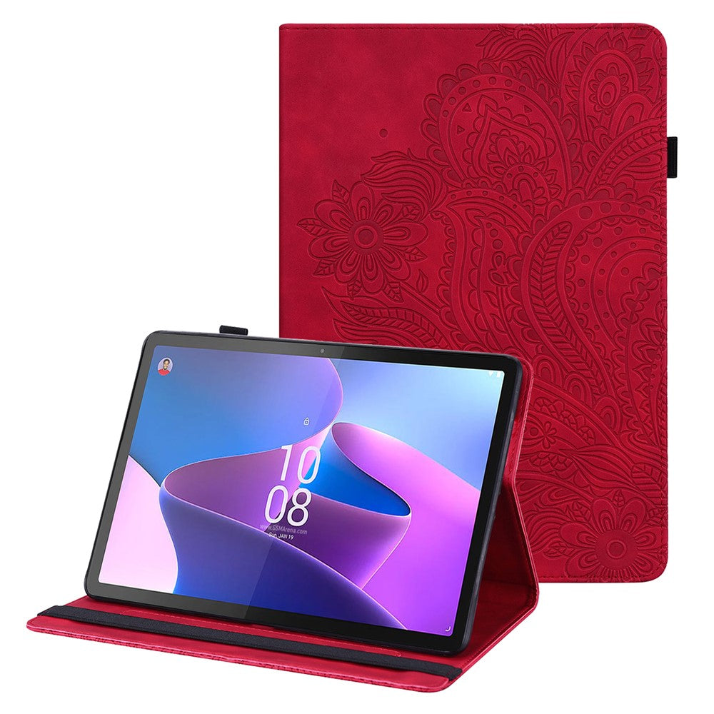 For Lenovo Tab P11 Pro Gen 2 PU Leather Stand Drop-proof Case Flower Imprinting Card Holder Tablet Cover - Red