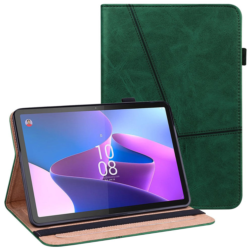Tablet Case with Card Slots For Lenovo Tab P11 Gen 2 Line Imprinted Leather Protective Tablet Cover Stand - Green