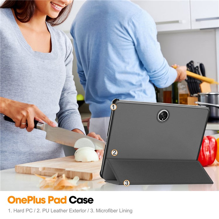 For OnePlus Pad Tri-fold Stand Tablet Case Auto Wake / Sleep Tablet Leather Cover - Grey