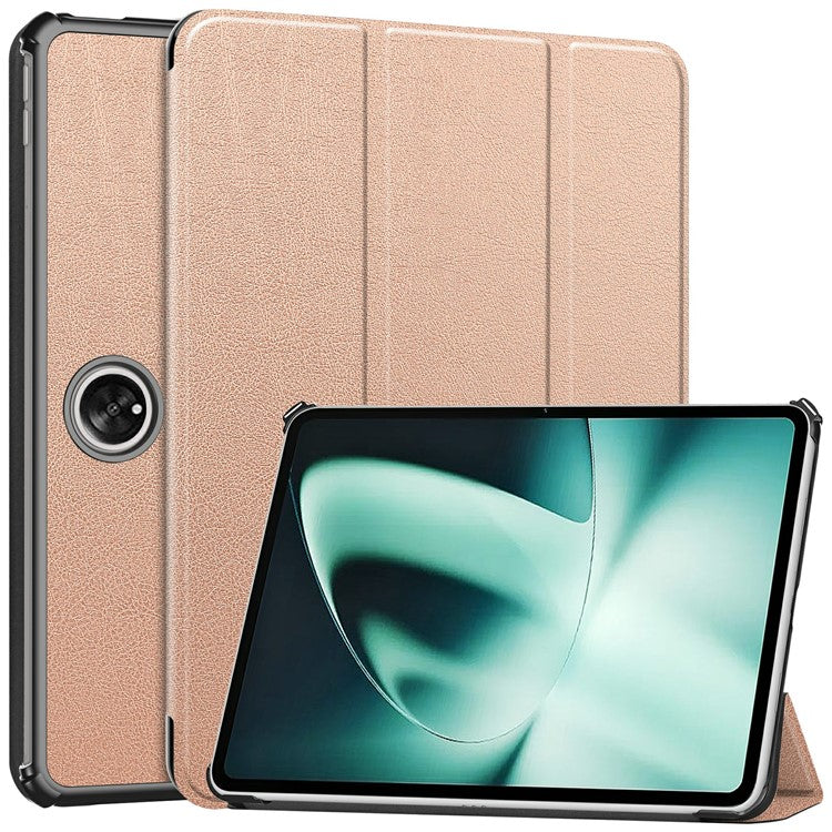 For OnePlus Pad Tri-fold Stand Tablet Case Auto Wake / Sleep Tablet Leather Cover - Rose Gold