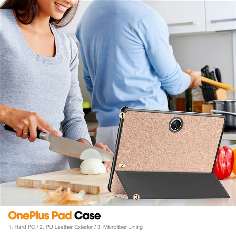 For OnePlus Pad Tri-fold Stand Tablet Case Auto Wake / Sleep Tablet Leather Cover - Rose Gold