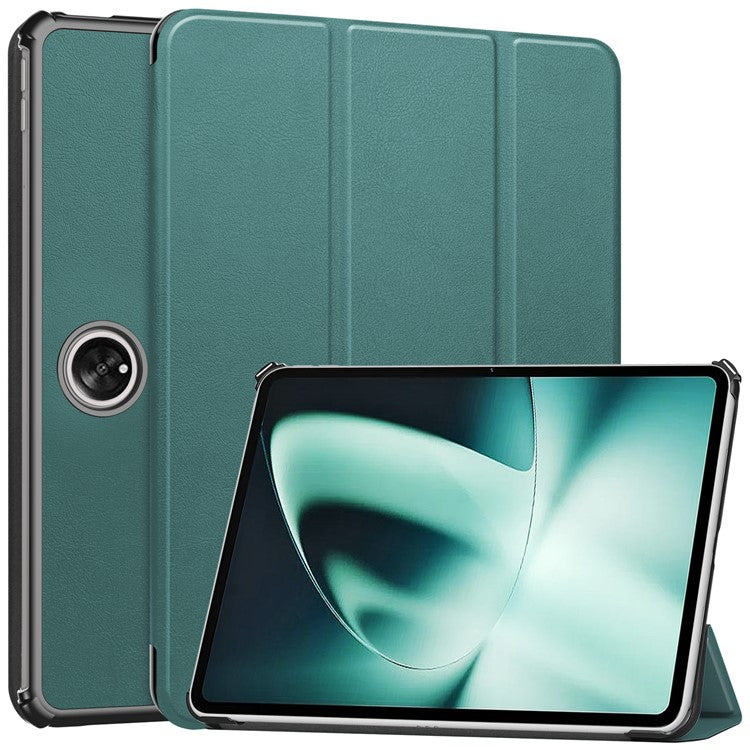 For OnePlus Pad Tri-fold Stand Tablet Case Auto Wake / Sleep Tablet Leather Cover - Blackish Green