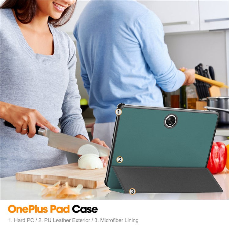 For OnePlus Pad Tri-fold Stand Tablet Case Auto Wake / Sleep Tablet Leather Cover - Blackish Green