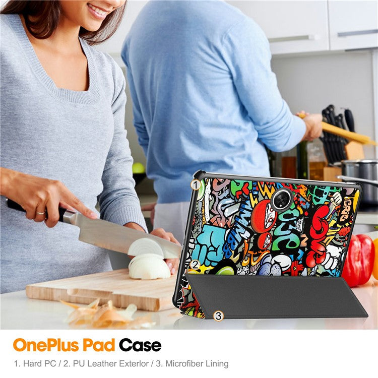 Pattern Printing Tablet Case for OnePlus Pad PU Leather Tri-fold Stand Anti-drop Tablet Cover - Graffiti