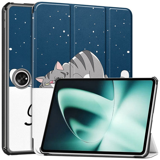 Pattern Printing Tablet Case for OnePlus Pad PU Leather Tri-fold Stand Anti-drop Tablet Cover - Cat