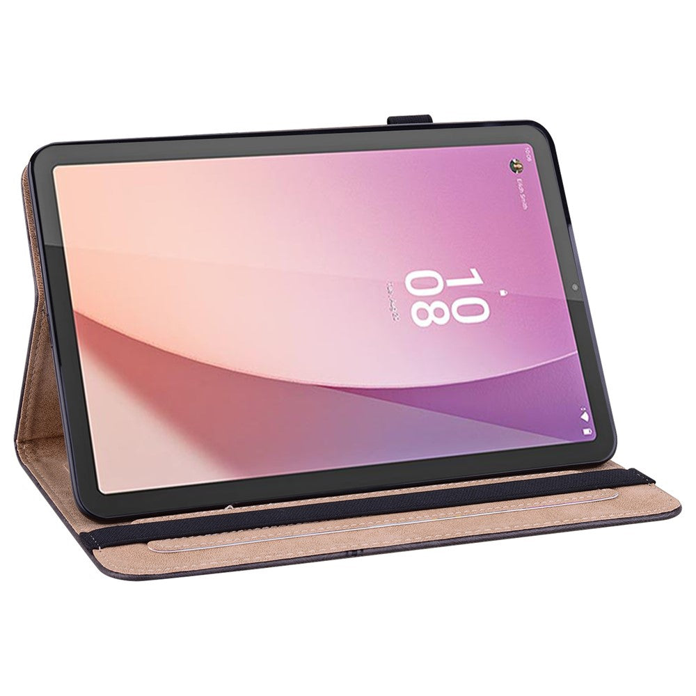 Flip Book Stand Cover for Lenovo Tab M9 , PU Leather Line Imprinted Tablet Case with Card Slots - Black
