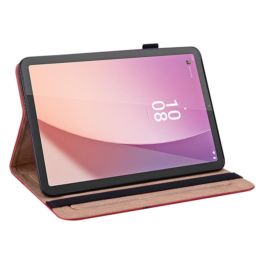 Flip Book Stand Cover for Lenovo Tab M9 , PU Leather Line Imprinted Tablet Case with Card Slots - Red