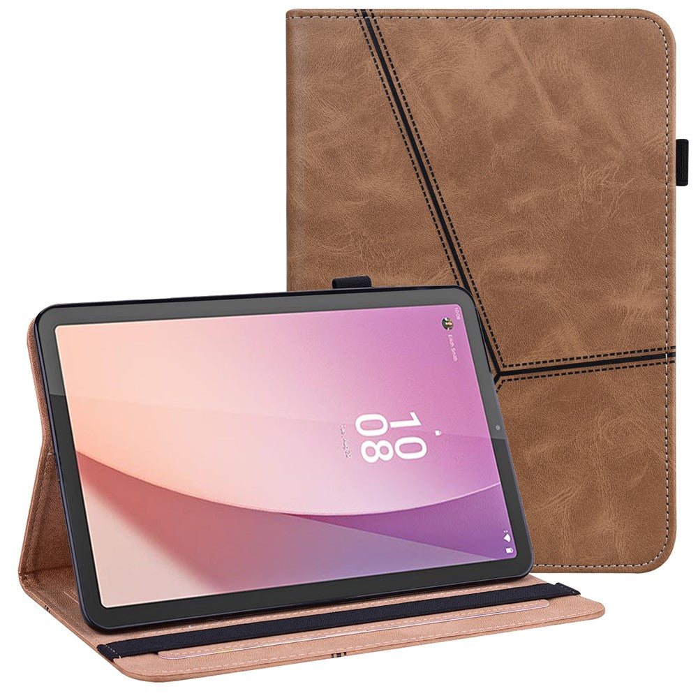 Flip Book Stand Cover for Lenovo Tab M9 , PU Leather Line Imprinted Tablet Case with Card Slots - Brown