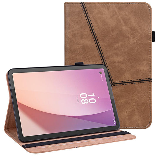 Flip Book Stand Cover for Lenovo Tab M9 , PU Leather Line Imprinted Tablet Case with Card Slots - Brown
