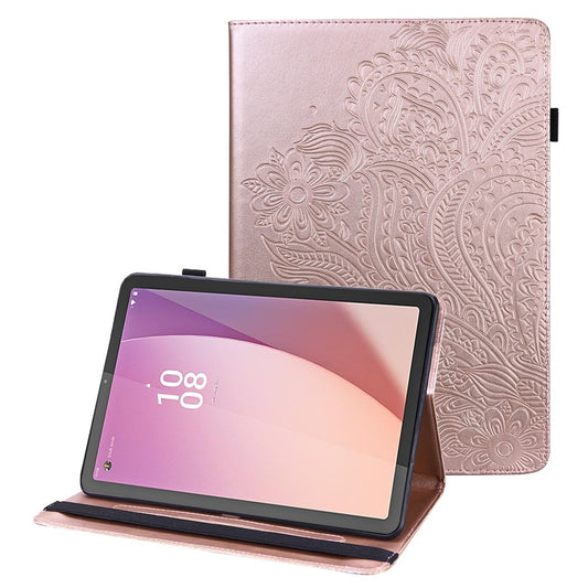 For Lenovo Tab M9 Flip PU Leather Cover Flower Imprinting Stand Card Holder Tablet Case - Rose Gold