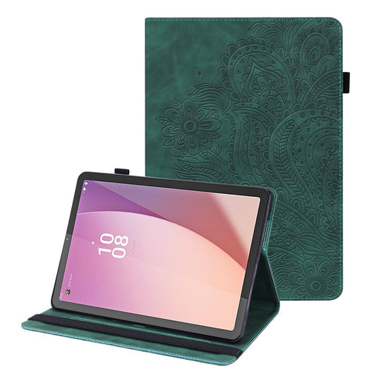 For Lenovo Tab M9 Flip PU Leather Cover Flower Imprinting Stand Card Holder Tablet Case - Green