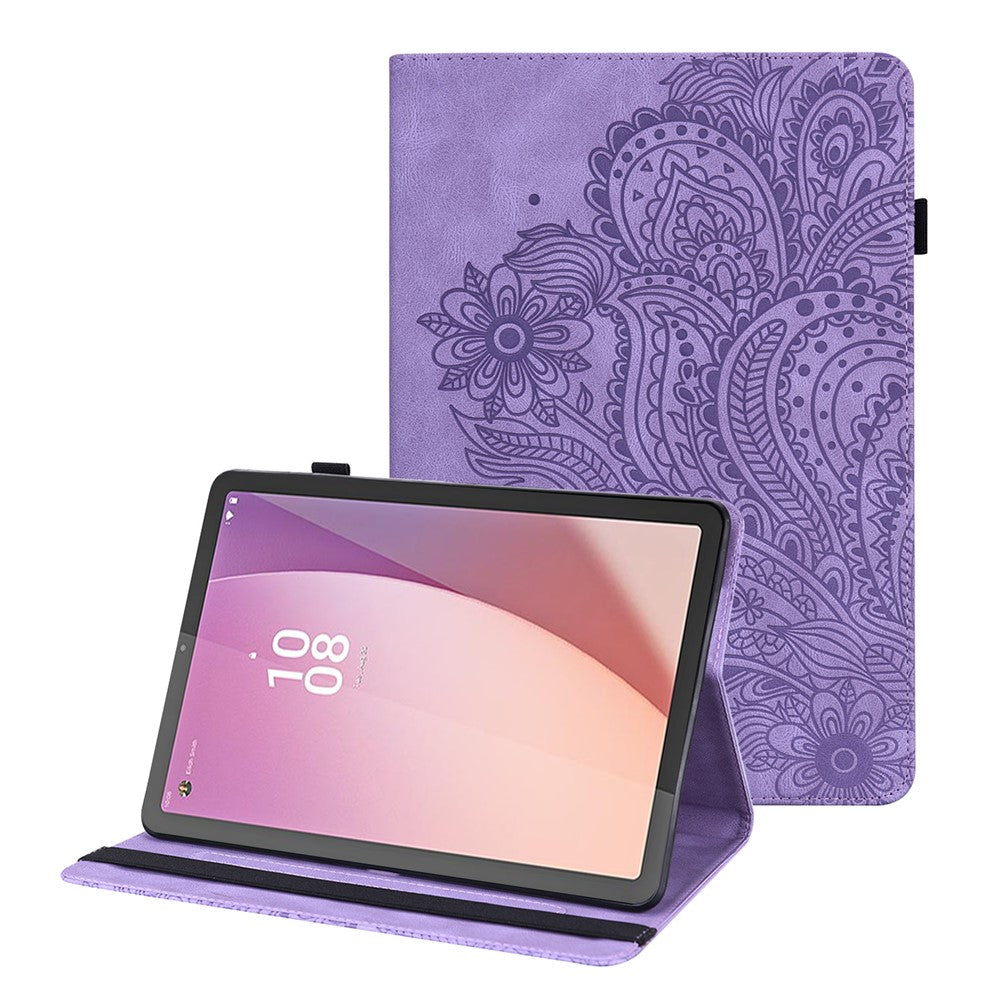 For Lenovo Tab M9 Flip PU Leather Cover Flower Imprinting Stand Card Holder Tablet Case - Purple