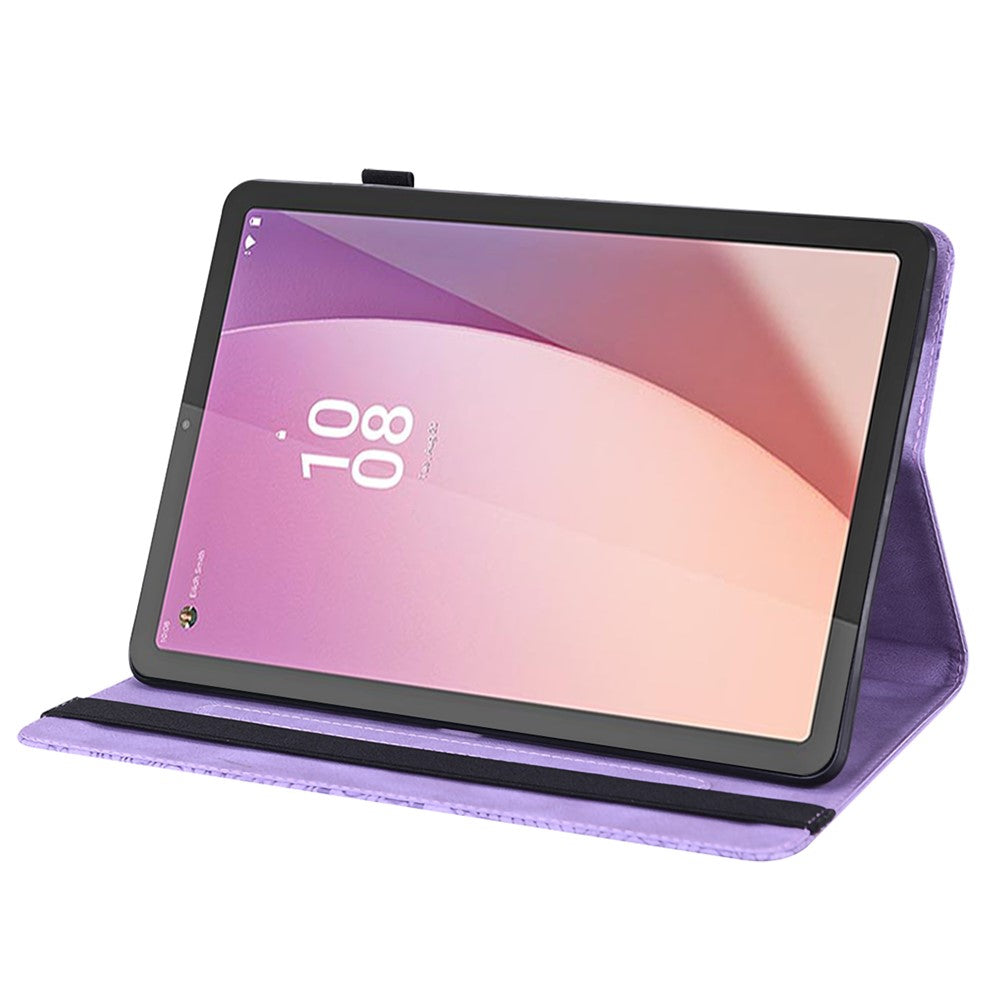 For Lenovo Tab M9 Flip PU Leather Cover Flower Imprinting Stand Card Holder Tablet Case - Purple