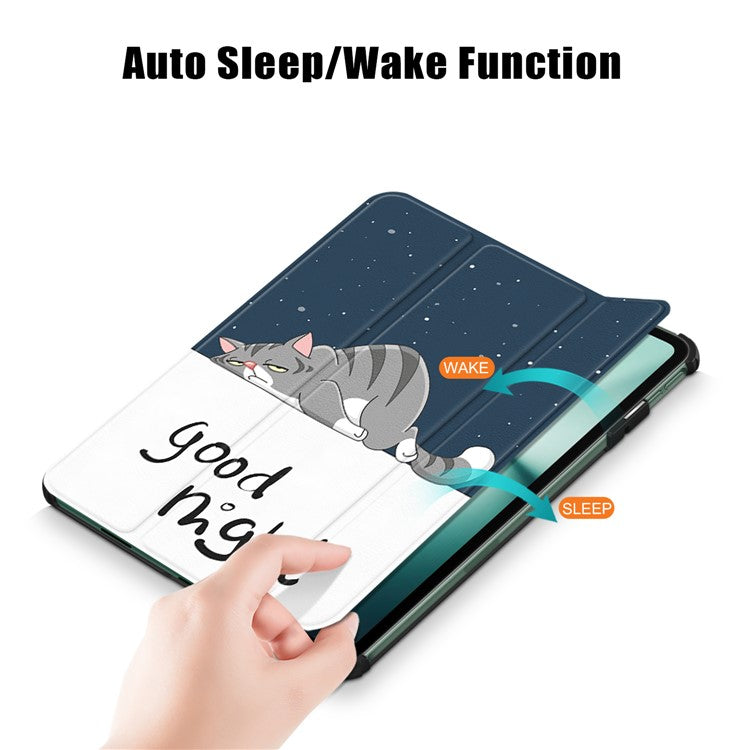 For OnePlus Pad / Oppo Pad 2 Tri-fold Stand Tablet Case Pattern Printing Tablet Leather Cover with Auto Wake / Sleep - Cat