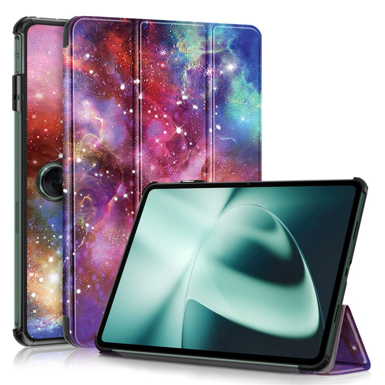 For OnePlus Pad / Oppo Pad 2 Tri-fold Stand Tablet Case Pattern Printing Tablet Leather Cover with Auto Wake / Sleep - Galaxy