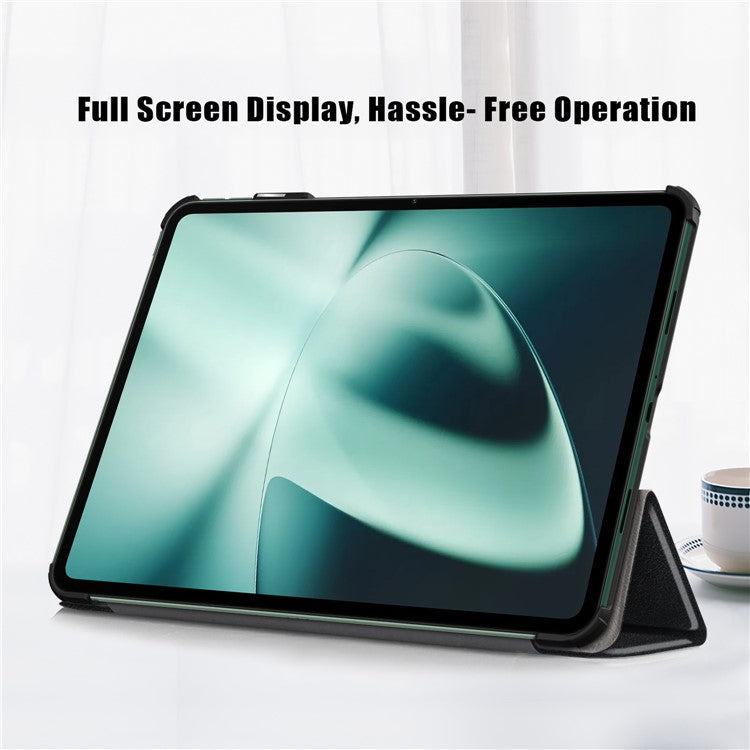 Leather Tablet Case for OnePlus Pad / Oppo Pad 2 Tri-fold Stand Tablet Cover with Auto Wake / Sleep - Black