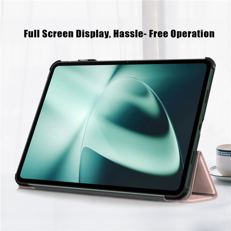 Leather Tablet Case for OnePlus Pad / Oppo Pad 2 Tri-fold Stand Tablet Cover with Auto Wake / Sleep - Rose Gold