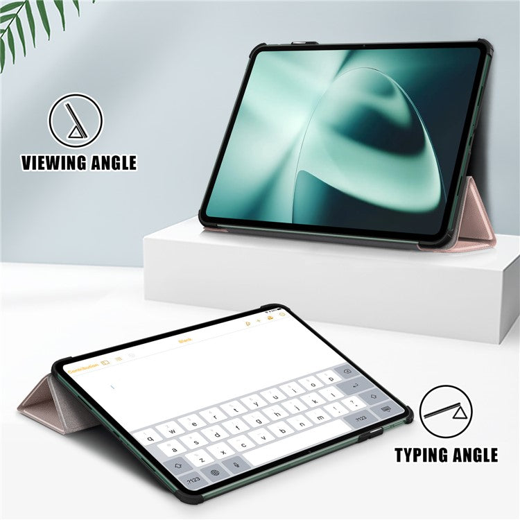 Leather Tablet Case for OnePlus Pad / Oppo Pad 2 Tri-fold Stand Tablet Cover with Auto Wake / Sleep - Rose Gold