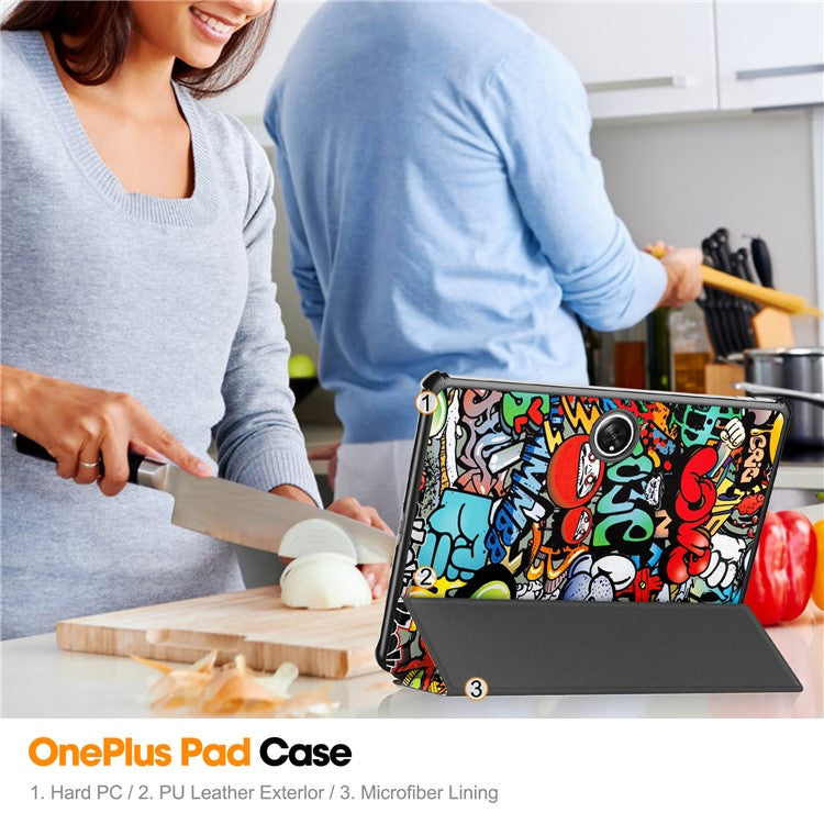 Trifold Stand Smart Case for Oppo Pad 2 , PU Leather Pattern Printing Folio Cover - Graffiti