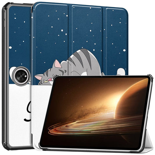 Trifold Stand Smart Case for Oppo Pad 2 , PU Leather Pattern Printing Folio Cover - Cat