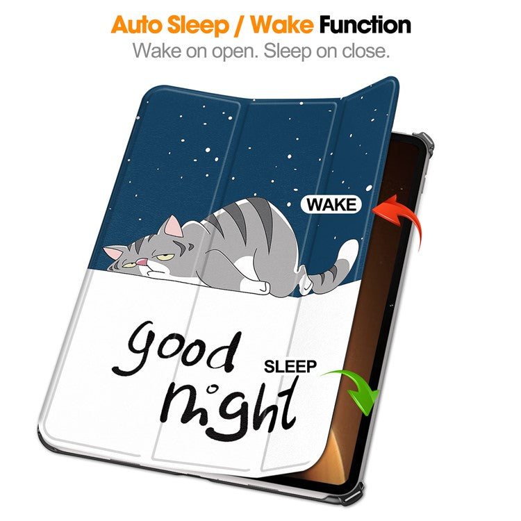 Trifold Stand Smart Case for Oppo Pad 2 , PU Leather Pattern Printing Folio Cover - Cat