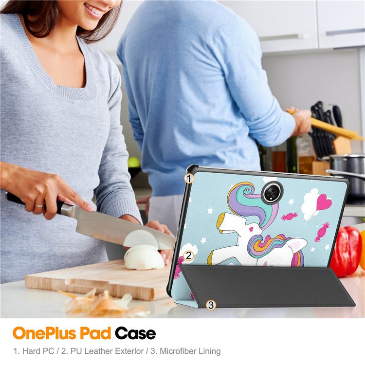 Trifold Stand Smart Case for Oppo Pad 2 , PU Leather Pattern Printing Folio Cover - Horse