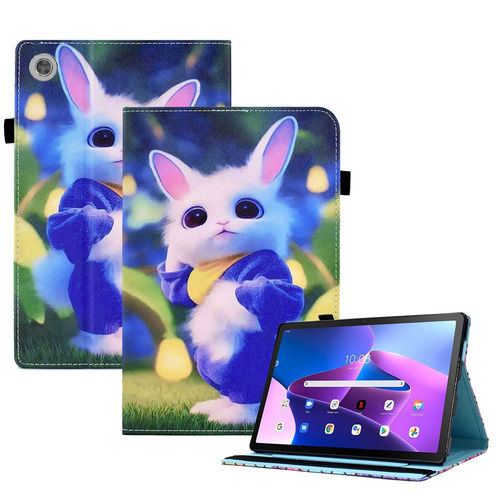 For Lenovo Tab M10 (Gen 3) PU Leather Tablet Case Pattern Printing Stand Card Holder Cover with Elastic Band - Cute Rabbit