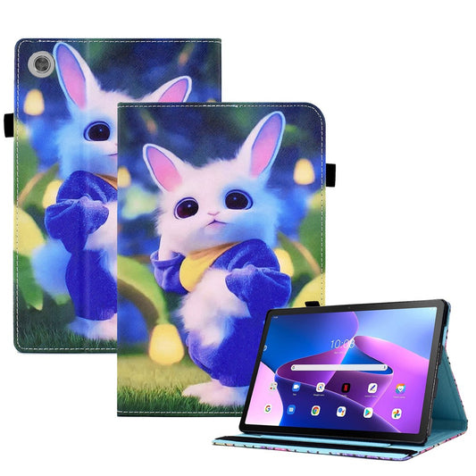 For Lenovo Tab M10 (Gen 3) PU Leather Tablet Case Pattern Printing Stand Card Holder Cover with Elastic Band - Cute Rabbit