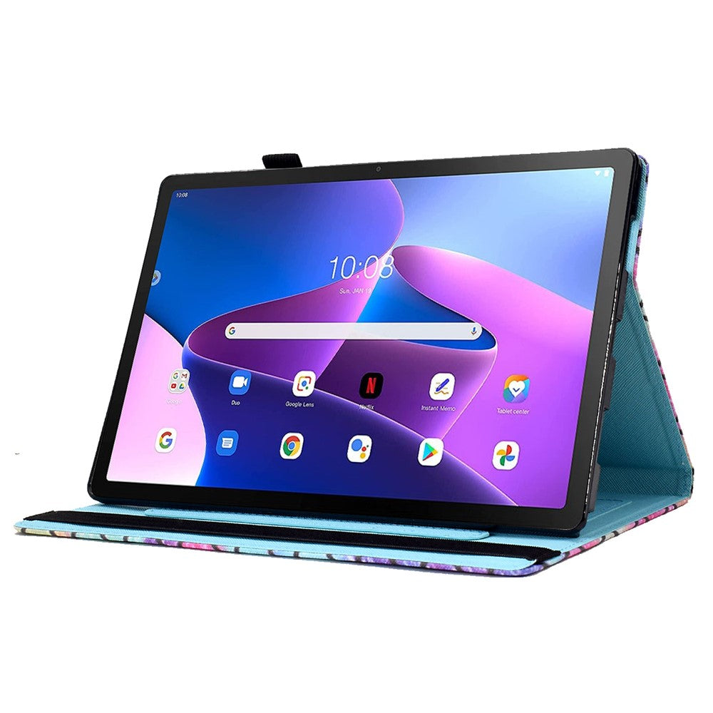 For Lenovo Tab M10 (Gen 3) PU Leather Tablet Case Pattern Printing Stand Card Holder Cover with Elastic Band - Cute Rabbit