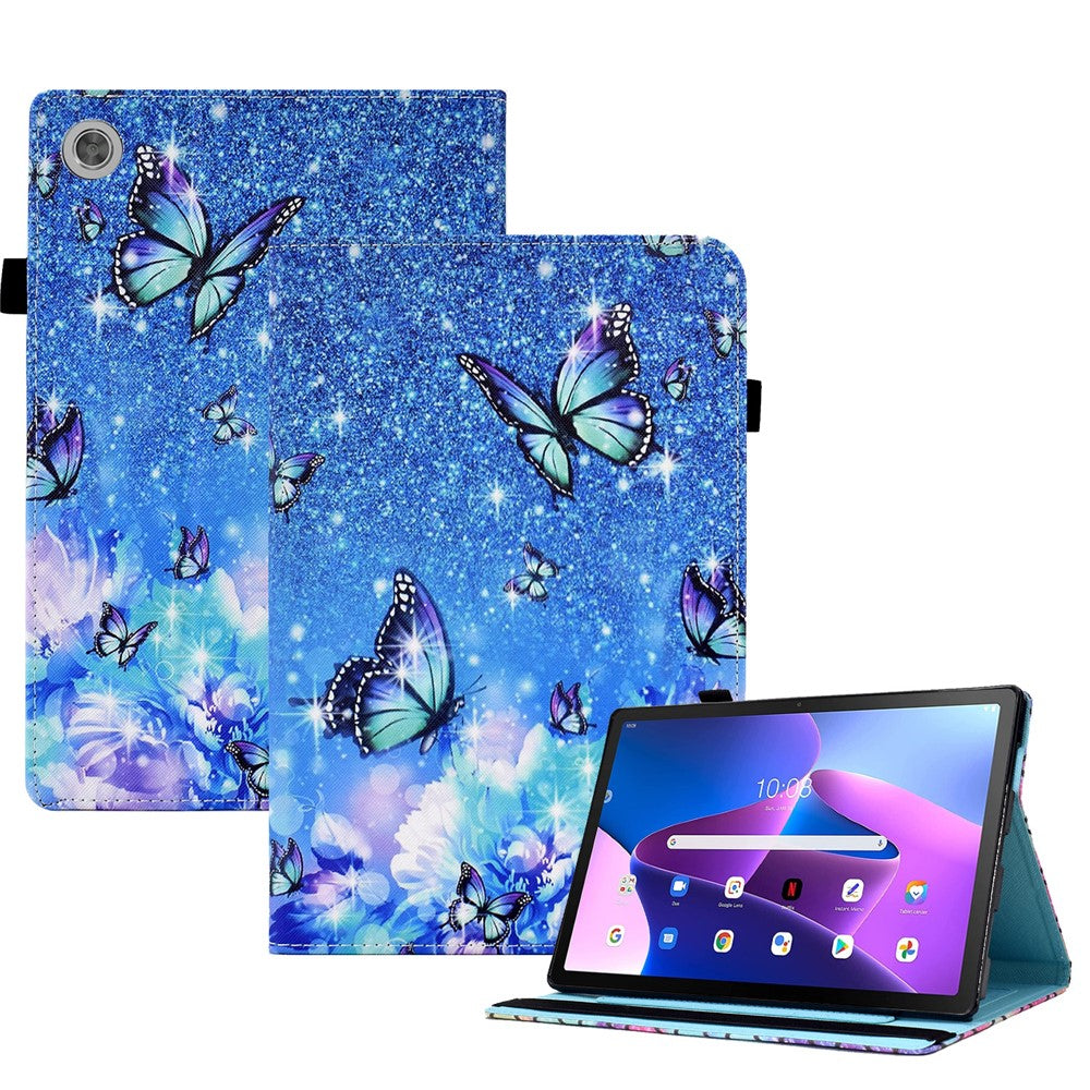 For Lenovo Tab M10 (Gen 3) PU Leather Tablet Case Pattern Printing Stand Card Holder Cover with Elastic Band - Flower and Butterfly