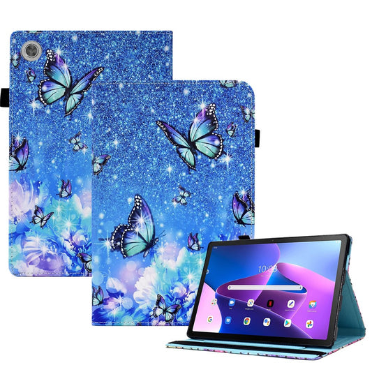 For Lenovo Tab M10 (Gen 3) PU Leather Tablet Case Pattern Printing Stand Card Holder Cover with Elastic Band - Flower and Butterfly