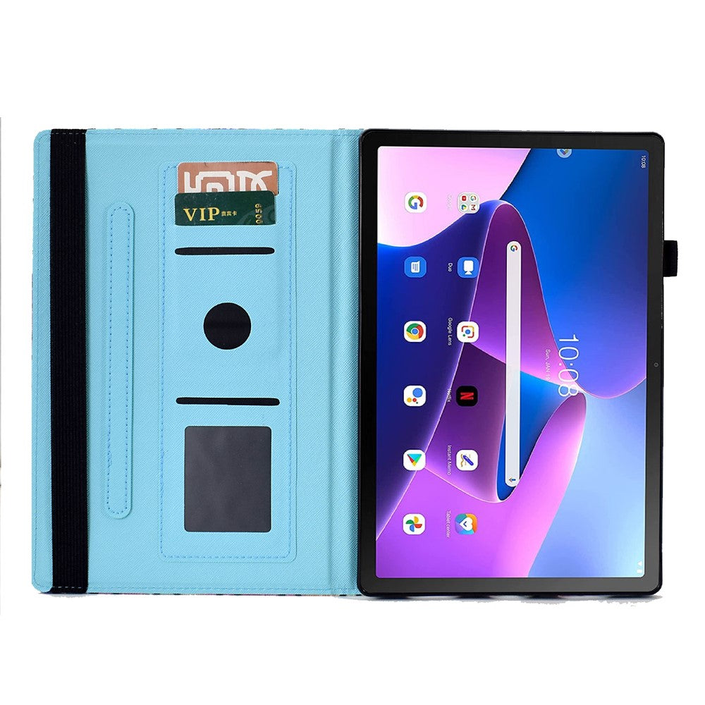 For Lenovo Tab M10 (Gen 3) PU Leather Tablet Case Pattern Printing Stand Card Holder Cover with Elastic Band - Bubble and Cat